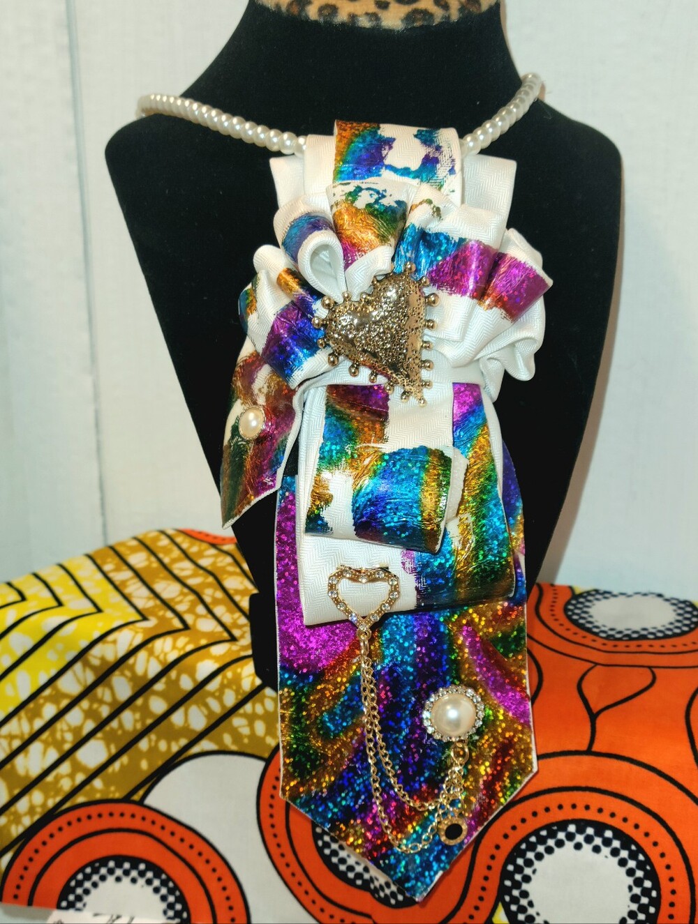 Multicolor Metallic Statement Necktie with Pearl Necklace